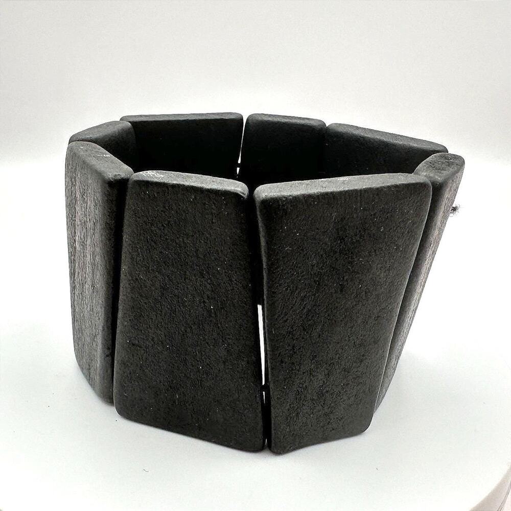 Vintage 90s Brutalist Bracelet Black Matte Sculptural Elastic Retro Jewelry